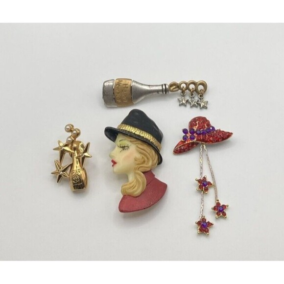 Vintage Lot of 4 Gold Tone Pin‎ Brooch Avon Champagne New Year's Red Hat Face - Picture 1 of 16